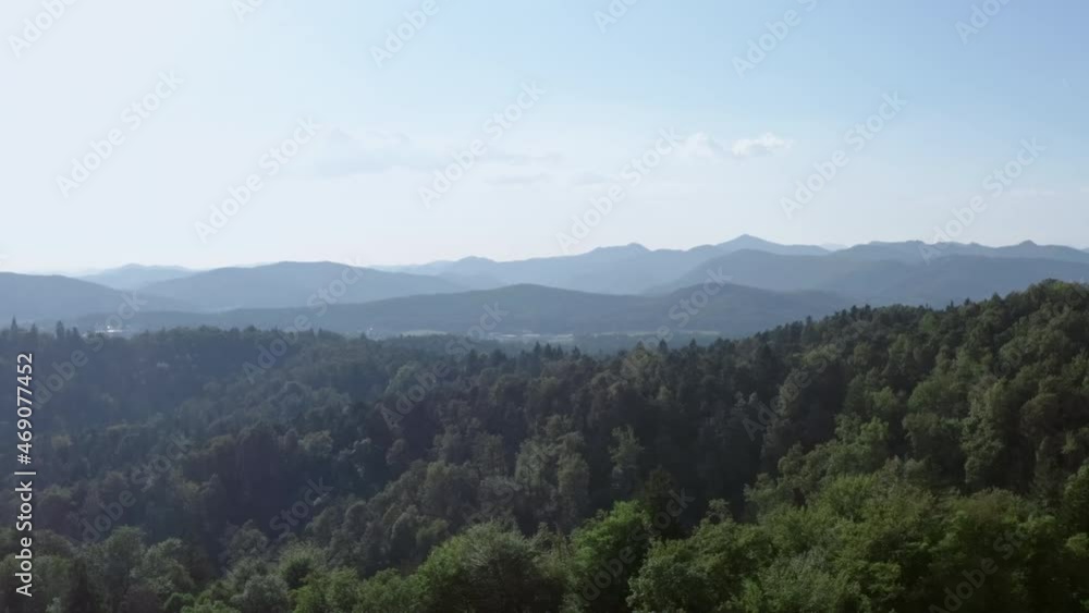 Aerial view mountain landscape Slovenia. Forests on mountain ranges cinematic frame of nature. Aerial view mountain landscape Slovenia. Forests on mountain ranges cinematic frame of nature.