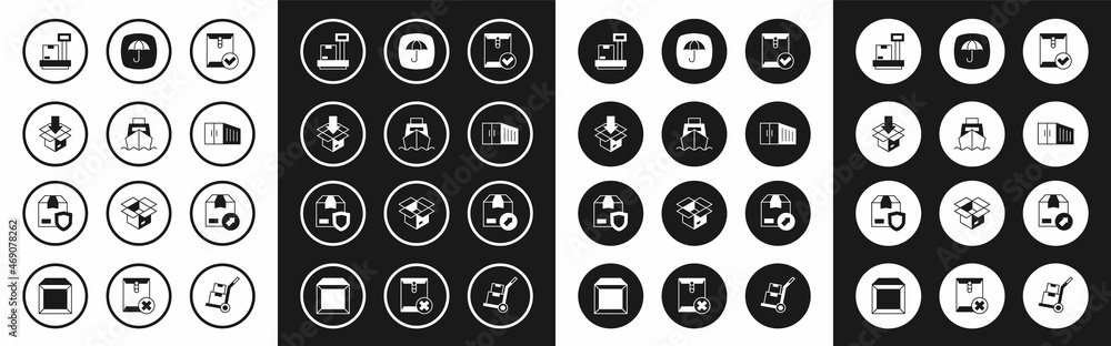 Set Envelope and check mark, Cargo ship with boxes delivery, Carton cardboard, Scale, Container, Delivery package umbrella, and security shield icon. Vector