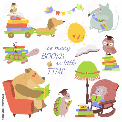 Vector isolated set of animals reading books. Friends animals reading books. Illustration on white background in cartoon style. Isolate, hand drawing. For print, web design.