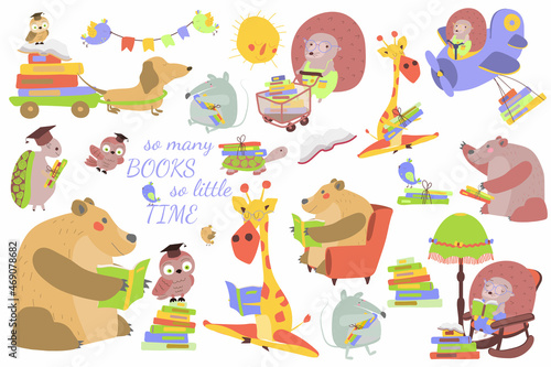 Vector set animals reading books. Friends animals reading books. Illustration on white background in cartoon style. Isolate, hand drawing. For print, web design. © Maryna