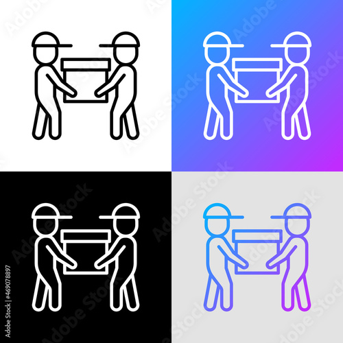 Two movers are holding the box. Thin line icon. Modern vector illustration of delivery service, moving service.