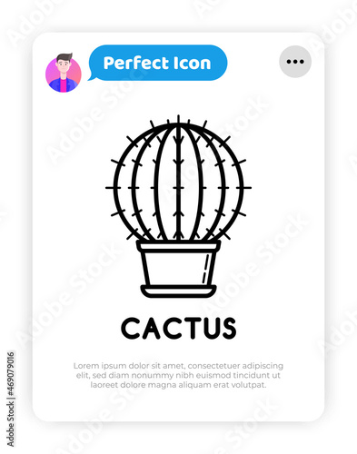 Cactus with prickles in pot thin line icon. Modern vector illustration of home plant.