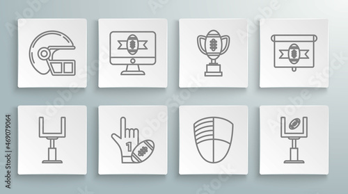 Set line American football goal post, on tv program, Number 1 one fan hand glove with finger raised and american, Football club logo template, Award cup, and helmet icon. Vector