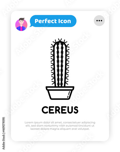Cactus with prickles in pot thin line icon. Modern vector illustration of home plant.