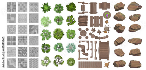 Vector set for landscape design. Outdoor furniture, pavements, architectural elements, trees, stones. (top view) Fences, paths, tile, benches, tables. (view from above)