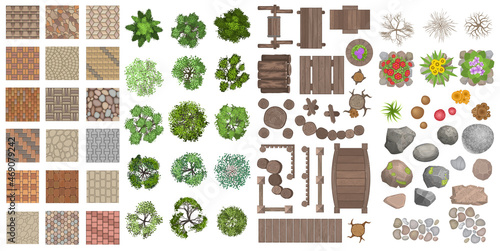 Vector set for landscape design. Pavements, architectural elements, trees, stones. (top view) Fences, paths, tile, benches, tables. (view from above)