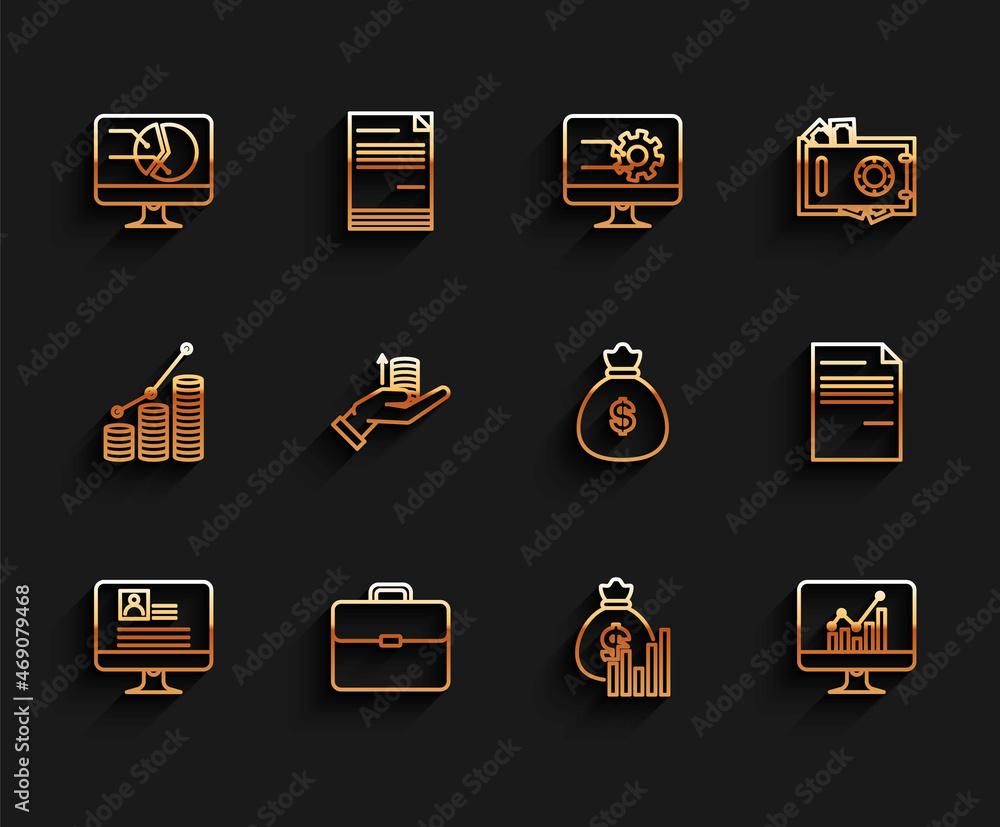 Set line Computer monitor with resume, Briefcase, graph chart, Money bag and diagram, hand, Document and icon. Vector Set line Computer monitor with resume, Briefcase, graph chart, Money bag and diagram, hand, Document and icon. Vector