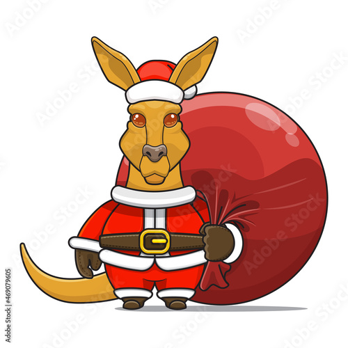 cute kangaroo wearing santa costume and carrying santa bundle bag, animal mascot in christmas costume