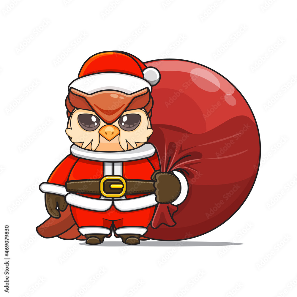 cute owl wearing santa costume and carrying santa bundle bag, animal mascot in christmas costume cute owl wearing santa costume and carrying santa bundle bag, animal mascot in christmas costume