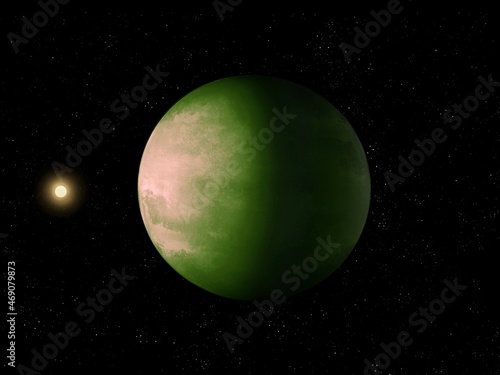 Green exoplanet in deep space. Earth-like planet in far cosmos 3d illustration.  © Nazarii