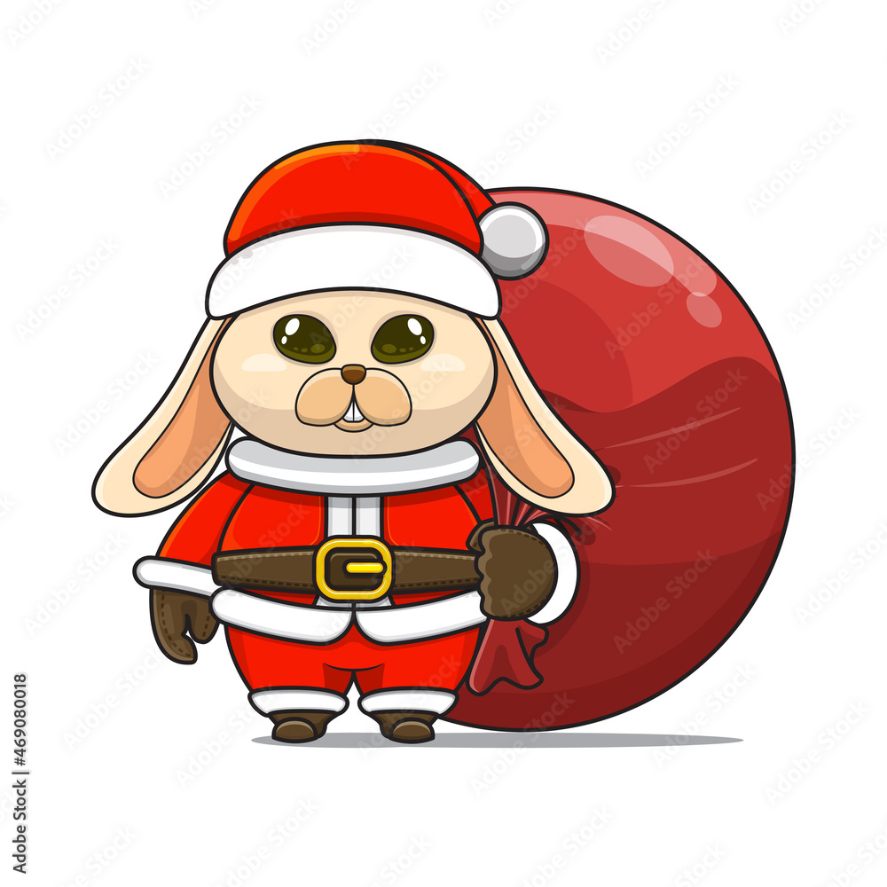 cute rabbit wearing santa costume and carrying santa bundle bag, animal mascot in christmas costume cute rabbit wearing santa costume and carrying santa bundle bag, animal mascot in christmas costume
