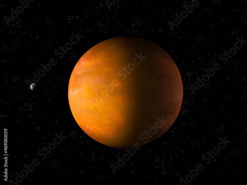 Yellow desert planet with asteroid. Exoplanet in deep space with stars. 