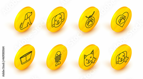 Set line Veterinary clinic symbol, Fish skeleton, Protective cone collar, Heart with animals footprint, Collar name tag, Dog and icon. Vector