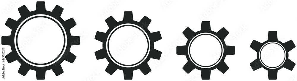 Zahnrad Symbol in schwarz als vektor. Isolierter weißer Hintergrund.
Vier Symbole mit zwölf, zehn, acht und sechs Zähnen. Alle gleiche Zahngröße.