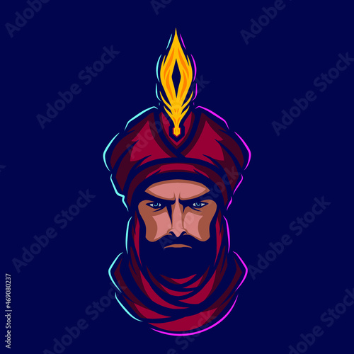 Sultan arabian king logo vector line neon art potrait colorful design with dark background. Abstract graphic illustration