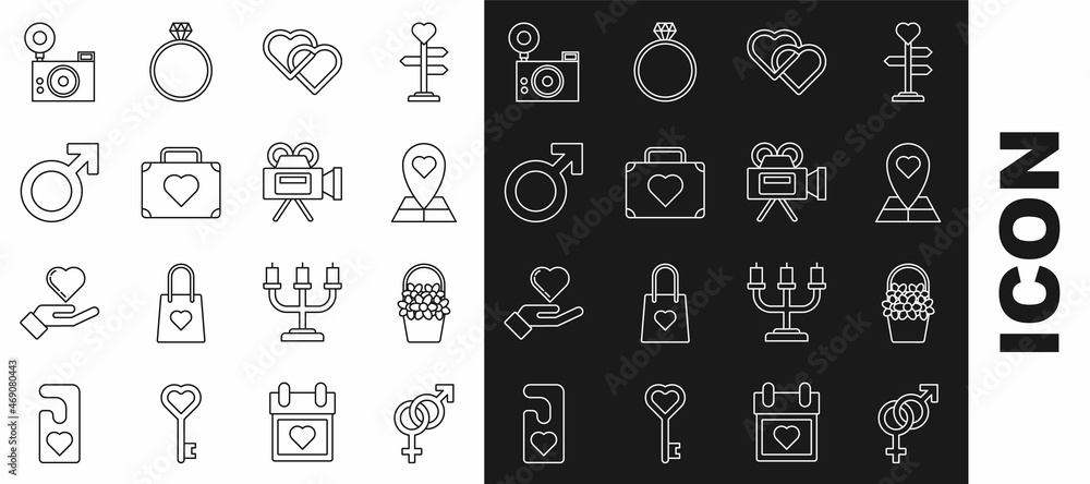 Set line Gender, Flowers in a basket, Map pointer with heart, Two Linked Hearts, Suitcase for travel, Male gender symbol, Photo camera and Cinema icon. Vector Set line Gender, Flowers in a basket, Map pointer with heart, Two Linked Hearts, Suitcase for travel, Male gender symbol, Photo camera and Cinema icon. Vector