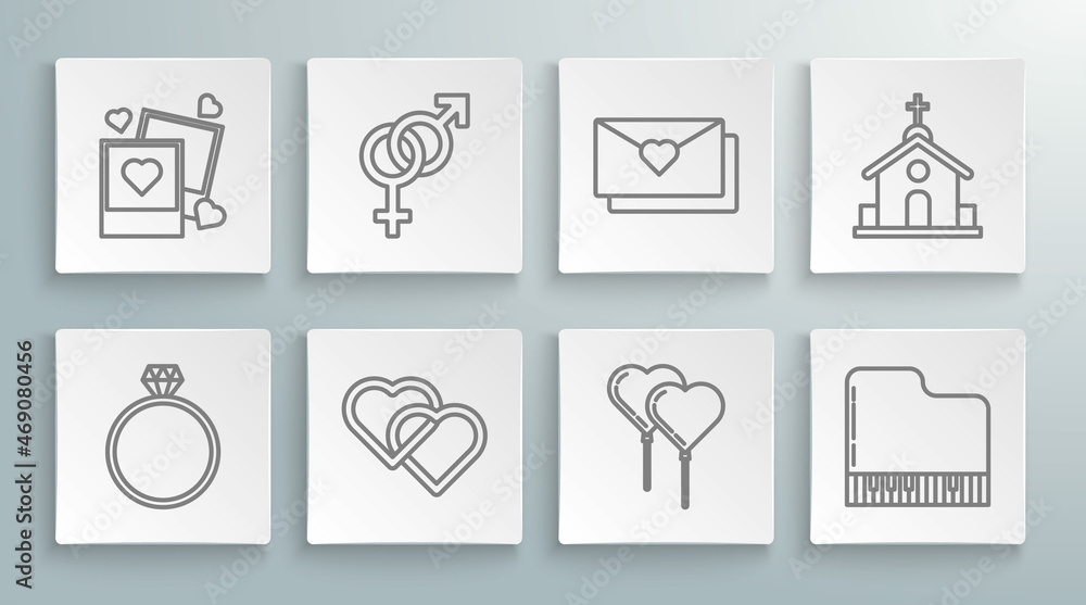 Set line Diamond engagement ring, Gender, Two Linked Hearts, Balloons form of heart with ribbon, Grand piano, Envelope Valentine, Church building and blanks photo frames hearts icon. Vector Set line Diamond engagement ring, Gender, Two Linked Hearts, Balloons form of heart with ribbon, Grand piano, Envelope Valentine, Church building and blanks photo frames hearts icon. Vector
