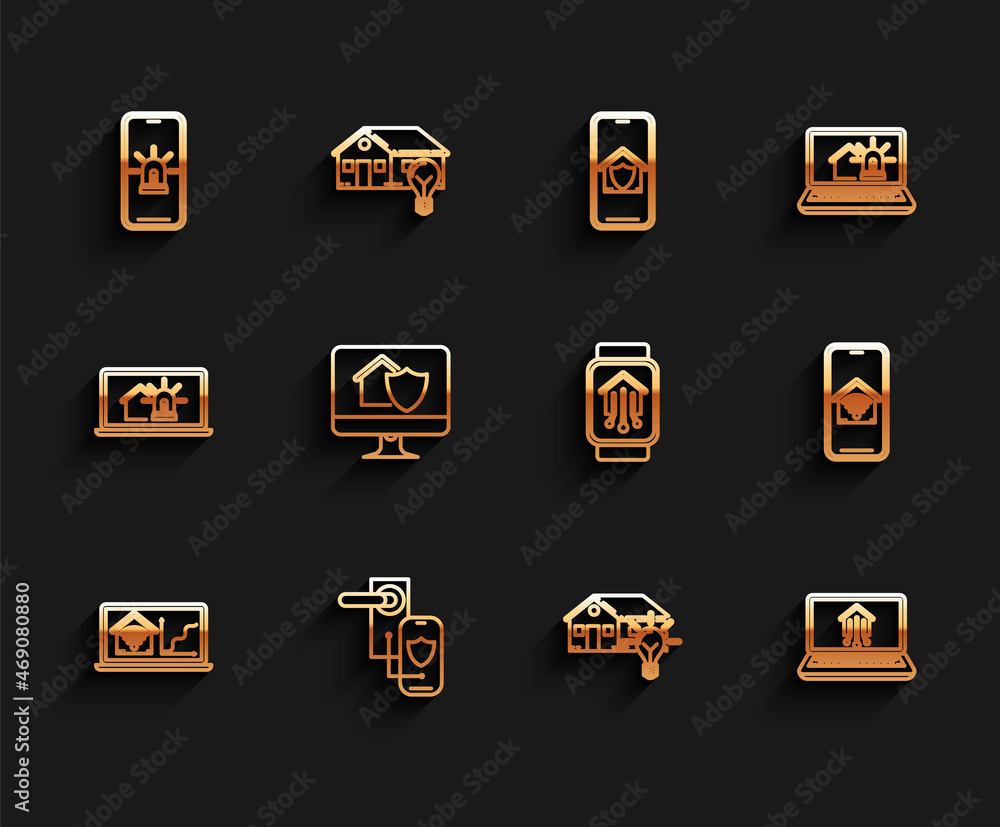Set line Laptop with smart home with wi-fi, Digital door lock wireless technology for lock, Mobile phone house and alarm, Smart light bulb, Computer monitor under protection, and watch icon. Vector Set line Laptop with smart home with wi-fi, Digital door lock wireless technology for lock, Mobile phone house and alarm, Smart light bulb, Computer monitor under protection, and watch icon. Vector