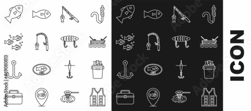Set line Fishing jacket, bucket with fishes, boat fishing rod on water, and, and lure icon. Vector