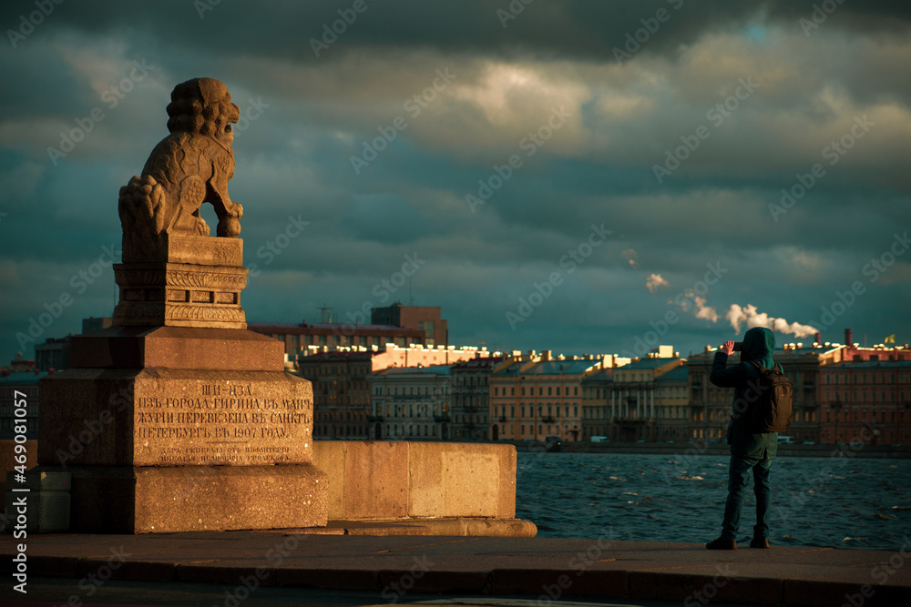 Sculpture of a lion on the embankment of St. Petersburg with the inscription