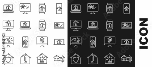 Set line House temperature, Laptop with house, smart home wi-fi, Smart watch and light bulb, Computer monitor, and icon. Vector