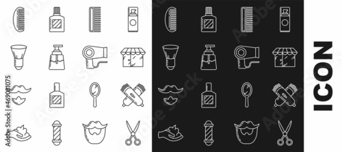 Set line Scissors hairdresser, Crossed electrical clipper shaver, Barbershop building, Hairbrush, Aftershave, Shaving, and dryer icon. Vector