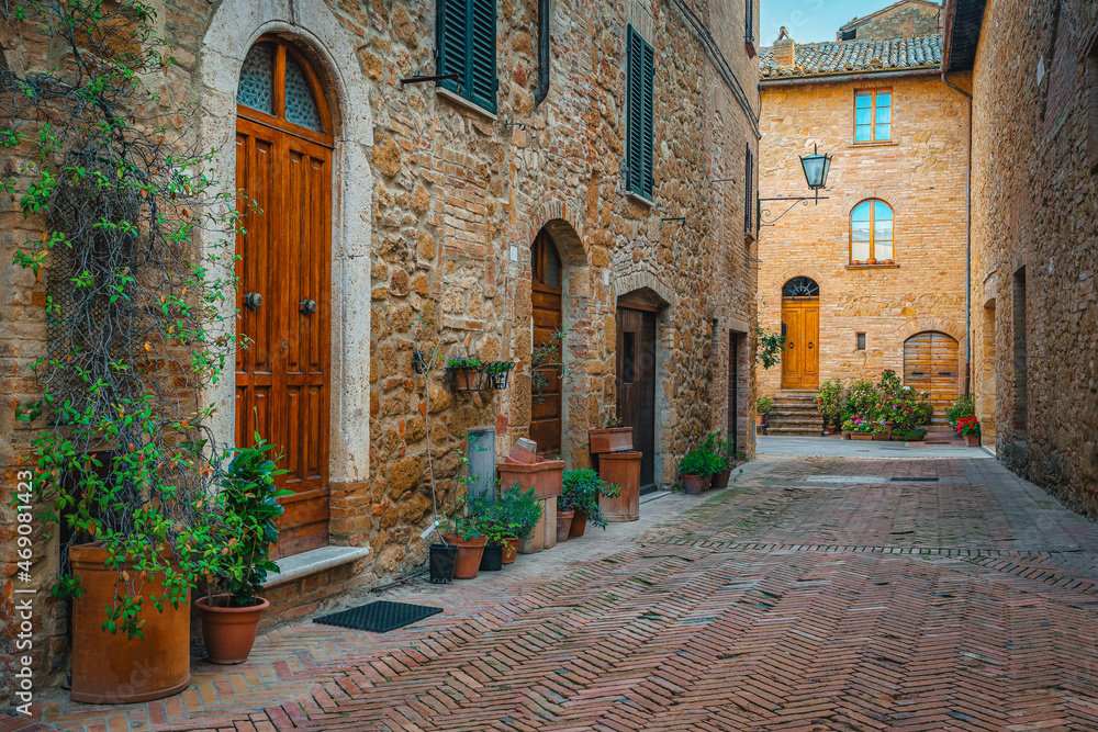 Beautiful arranged street and decorated with green plants, Pienza, Italy