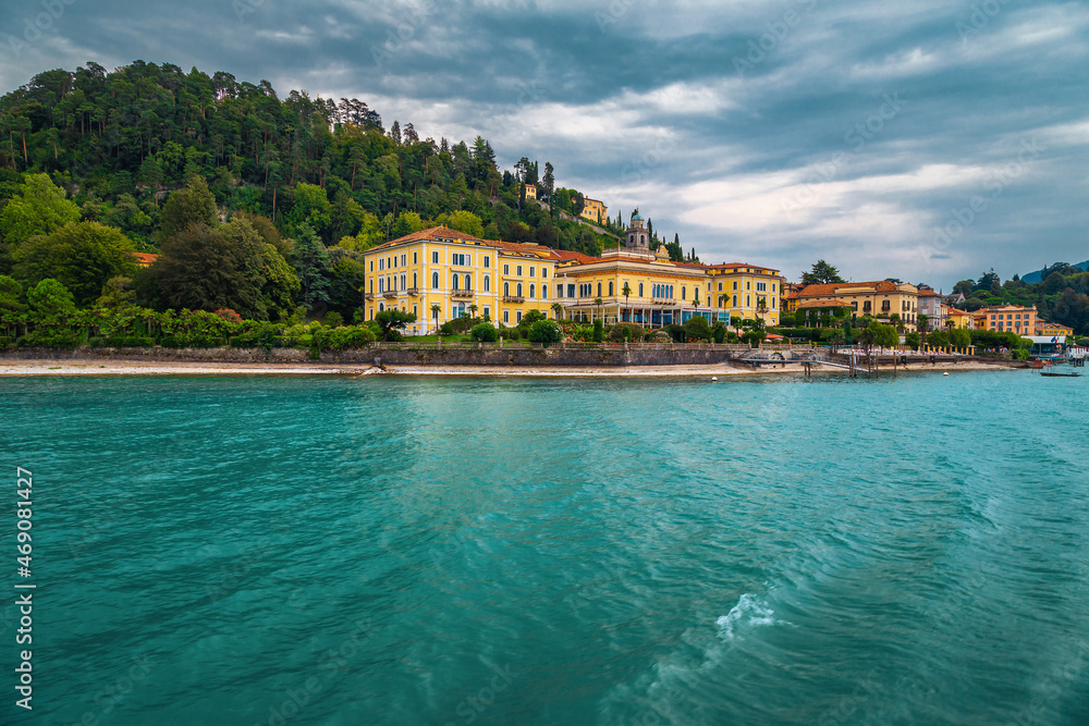 Beautiful hotels and buildings on the waterfront of lake Como