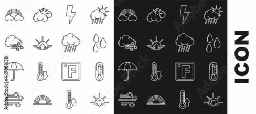 Set line Sunset, Thermometer, Water drop, Lightning bolt, Sunrise, Windy weather, Rainbow with clouds and Cloud rain icon. Vector