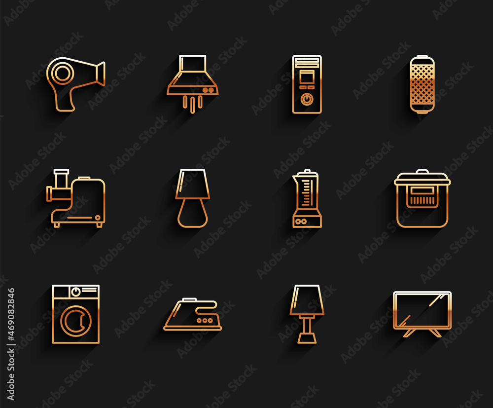 Set line Washer, Electric iron, Hair dryer, Table lamp, Smart Tv, Slow cooker and Blender icon. Vector Set line Washer, Electric iron, Hair dryer, Table lamp, Smart Tv, Slow cooker and Blender icon. Vector