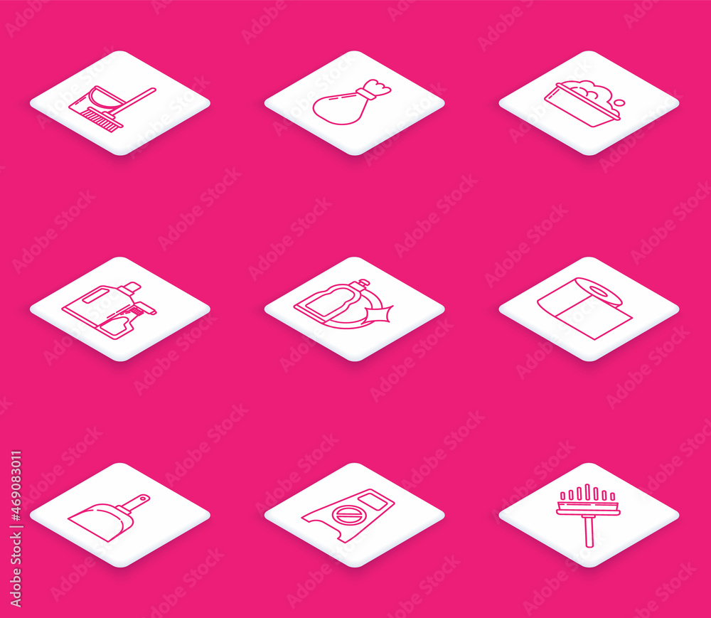Set line Mop and bucket, Garbage bag, Plastic basin with soap suds, bottles for liquid dishwashing liquid, Toilet paper roll, Dustpan and Wet floor cleaning progress icon. Vector Set line Mop and bucket, Garbage bag, Plastic basin with soap suds, bottles for liquid dishwashing liquid, Toilet paper roll, Dustpan and Wet floor cleaning progress icon. Vector