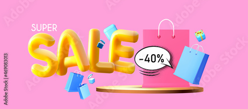 3D sale banner with golden text, podium and gift bags isolated on pink background.