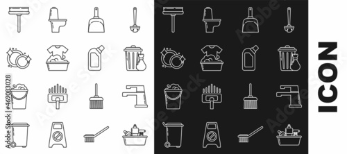 Set line Plastic bottles for liquid dishwashing liquid, Water tap, Trash can and garbage bag, Dustpan, basin with soap suds, Washing dishes, Squeegee, scraper, wiper and icon. Vector