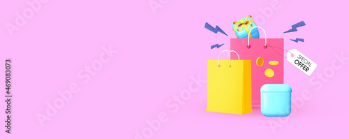 Gift bags and box isolated on pink background. Sale design.