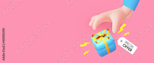 Take your gift. Hand reaching for the gift box with bow. Cartoon design. Special offer.