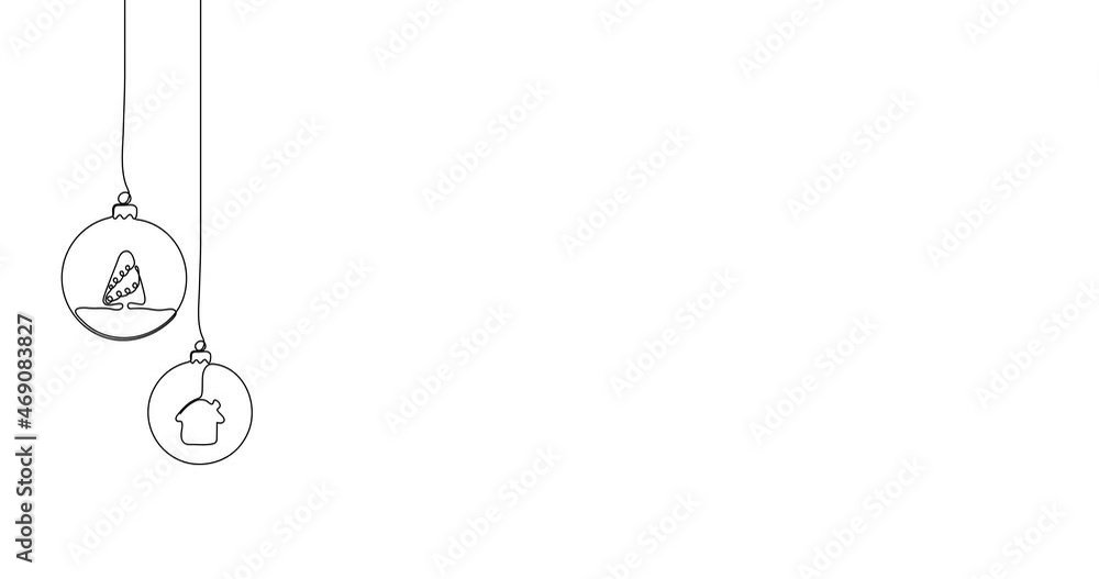 Animated illustration. Continuous one line of hanging balls with christmas tree, snowman, sleigh, star, bell, house. Hand-drawn minimalist style. Line sketch drawn by hand. Christmas concept. 4K video Animated illustration. Continuous one line of hanging balls with christmas tree, snowman, sleigh, star, bell, house. Hand-drawn minimalist style. Line sketch drawn by hand. Christmas concept. 4K video
