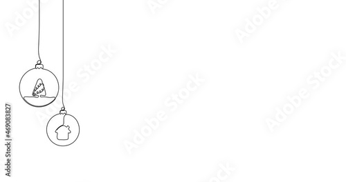 Animated illustration. Continuous one line of hanging balls with christmas tree, snowman, sleigh, star, bell, house. Hand-drawn minimalist style. Line sketch drawn by hand. Christmas concept. 4K video