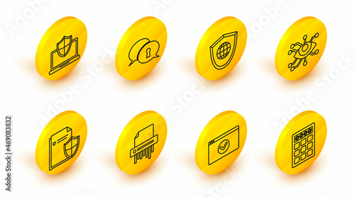 Set line Password protection and safety access, SSL, Paper shredder confidential, Document concept, Eye scan, Shield world globe, Protection of personal data and Laptop protected shield icon. Vector