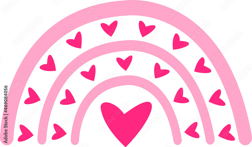 Cute rainbow vector isolated on white background. Boho rainbow with hearts illustration perfect for t-shirts, apparel, cards, fabric. Love or Valentine's day cartoon design Cute rainbow vector isolated on white background. Boho rainbow with hearts illustration perfect for t-shirts, apparel, cards, fabric. Love or Valentine's day cartoon design