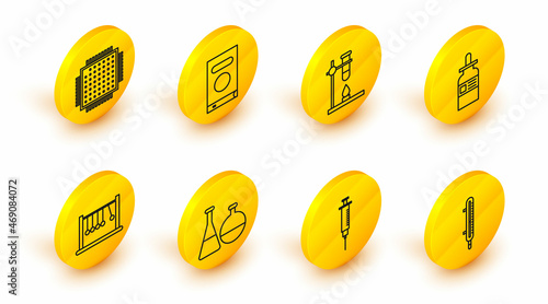 Set line Meteorology thermometer measuring, Syringe, Test tube and flask chemical laboratory, Pendulum, Glass bottle with pipette, test on fire heater, Book and Processor icon. Vector