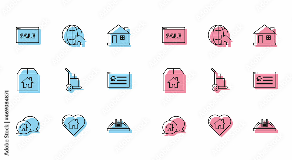 Set line House building in speech bubble, with heart shape, Hanging sign text Online Sale, Swimming pool ladder, Hand truck and boxes, Cardboard house and Globe symbol icon. Vector