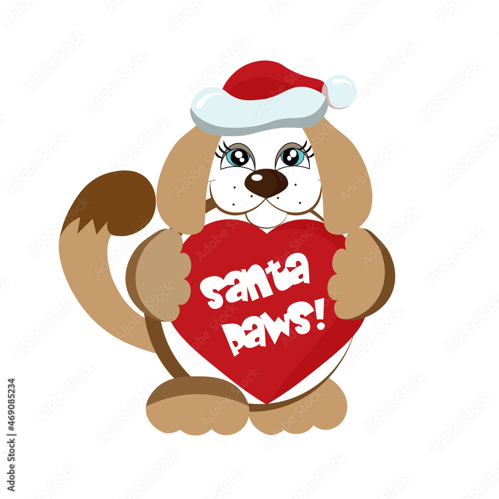 A cute Christmas puppy holding a heart, Santa Paws dog cartoon, a funny dog character A cute Christmas puppy holding a heart, Santa Paws dog cartoon, a funny dog character