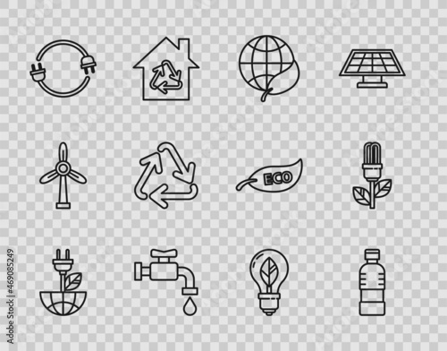 Set line Electric saving plug in leaf, Bottle of water, Earth globe and, Water tap, Recycle symbol, Light bulb with and icon. Vector