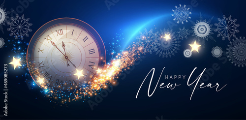 Happy New Year! Countdown. Clock and fireworks, lights and bokeh effect.