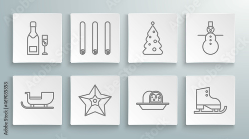Set line Christmas santa claus sleigh, Three rolled sticks of cinnamon, star, Marzipan sponge cake, Figure skates, tree with decorations, snowman and Champagne bottle and glass champagne icon. Vector