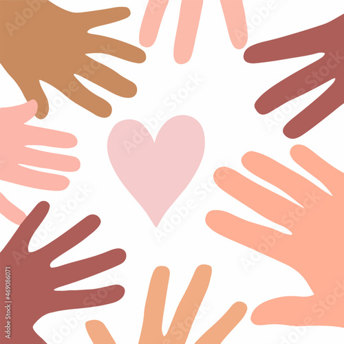 People's Hand with Different Skin Colors Make Circle Shape on White Background. Unity in Diversity No Racism Icon Concept Design. Hand Drawn Colored Flat Vector Illustration.