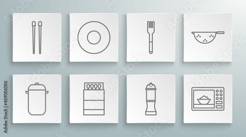 Set line Cooking pot, Plate, Open matchbox and matches, Pepper, Microwave oven, Fork, Kitchen colander and Food chopsticks icon. Vector