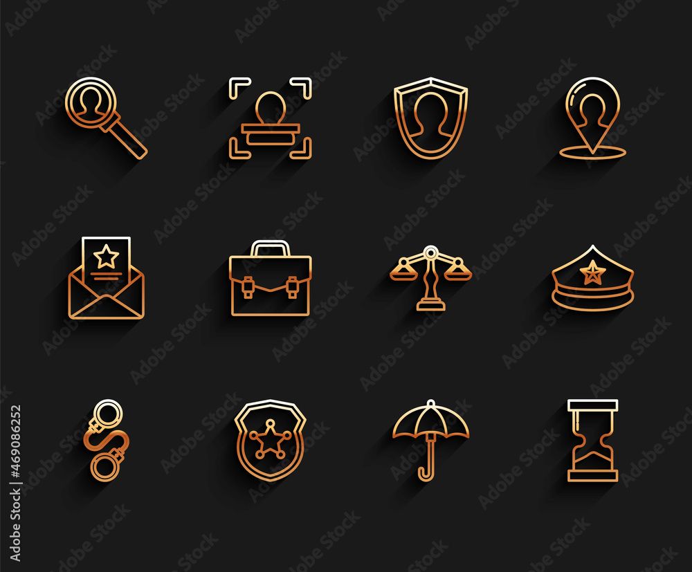 Set line Handcuffs, Police badge, Magnifying glass for search, Umbrella, Old hourglass, Briefcase, cap with cockade and Scales of justice icon. Vector