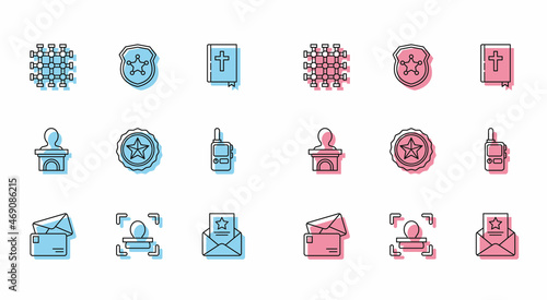 Set line Envelope, Face recognition, Prison window, The arrest warrant, Police badge, Walkie talkie, Stage stand or debate podium rostrum and icon. Vector
