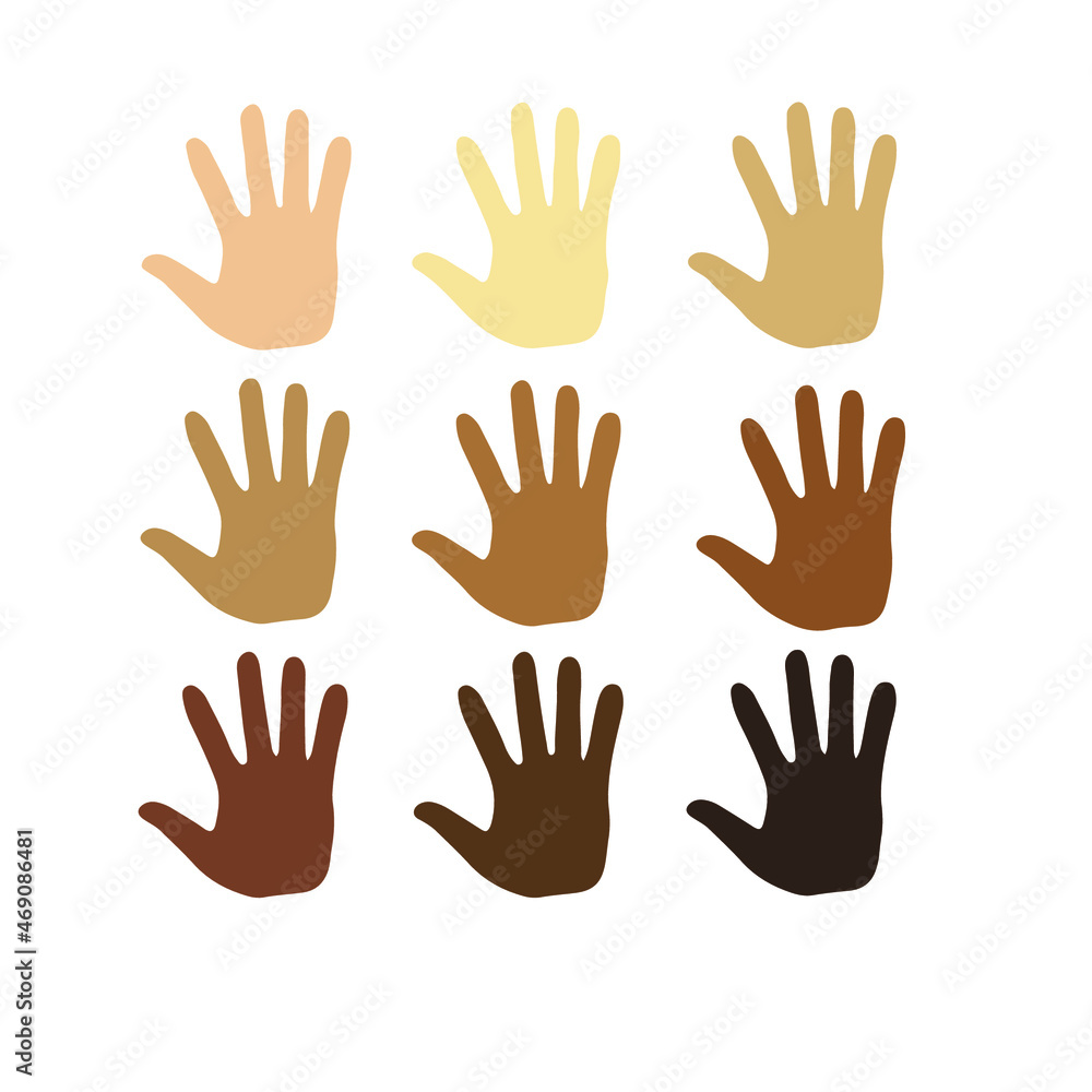People's Hand Palm with Different Skin Colors Symbol on White Background. Unity in Diversity No Racism Icon Concept Design. Hand Drawn Love Flat Vector Illustration. People's Hand Palm with Different Skin Colors Symbol on White Background. Unity in Diversity No Racism Icon Concept Design. Hand Drawn Love Flat Vector Illustration.